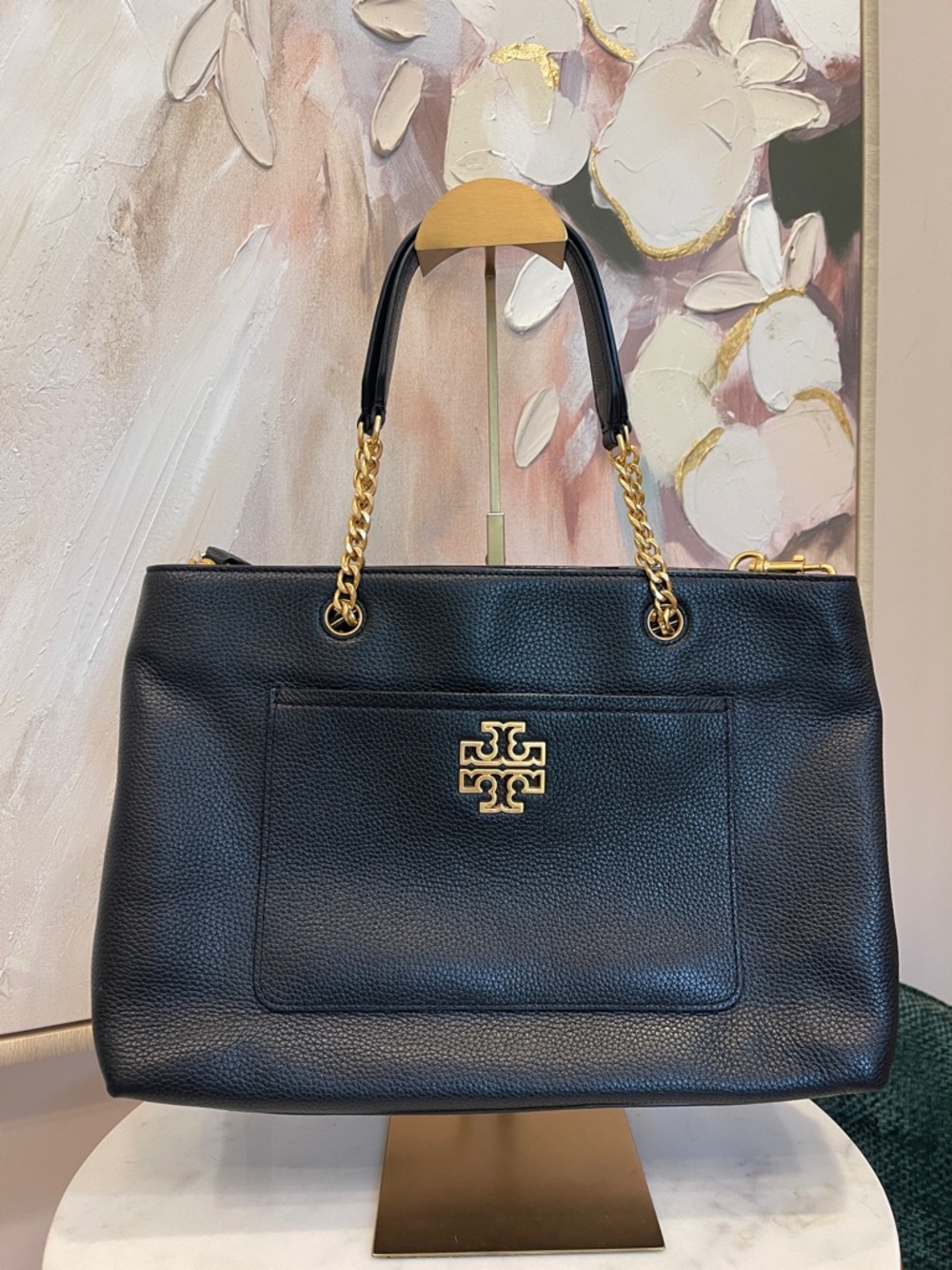 Tory Burch Black Britten Pebbled Leather Tote with Gold Chain Handles